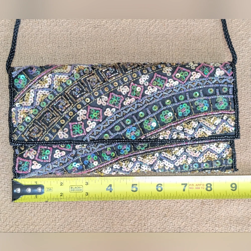 Beaded Sequin Evening Clutch Bag in Black Multi